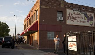 FILE - This July 29, 2014 photo shows Arthur Bryant&#39;s, the legendary barbecue restaurant in Kansas City, Mo., on the day President Barack Obama visited. Bryant&#39;s is a must-stop for politicians, having hosted everyone from Harry Truman to Jimmy Carter to Sarah Palin and John McCain. Bryant&#39;s is considered the grandfather of barbecue in Kansas City and has been at its current location since 1958, with roots going back to the city&#39;s first barbecue stand in the early 20th century. (AP Photo/Jacquelyn Martin, File)