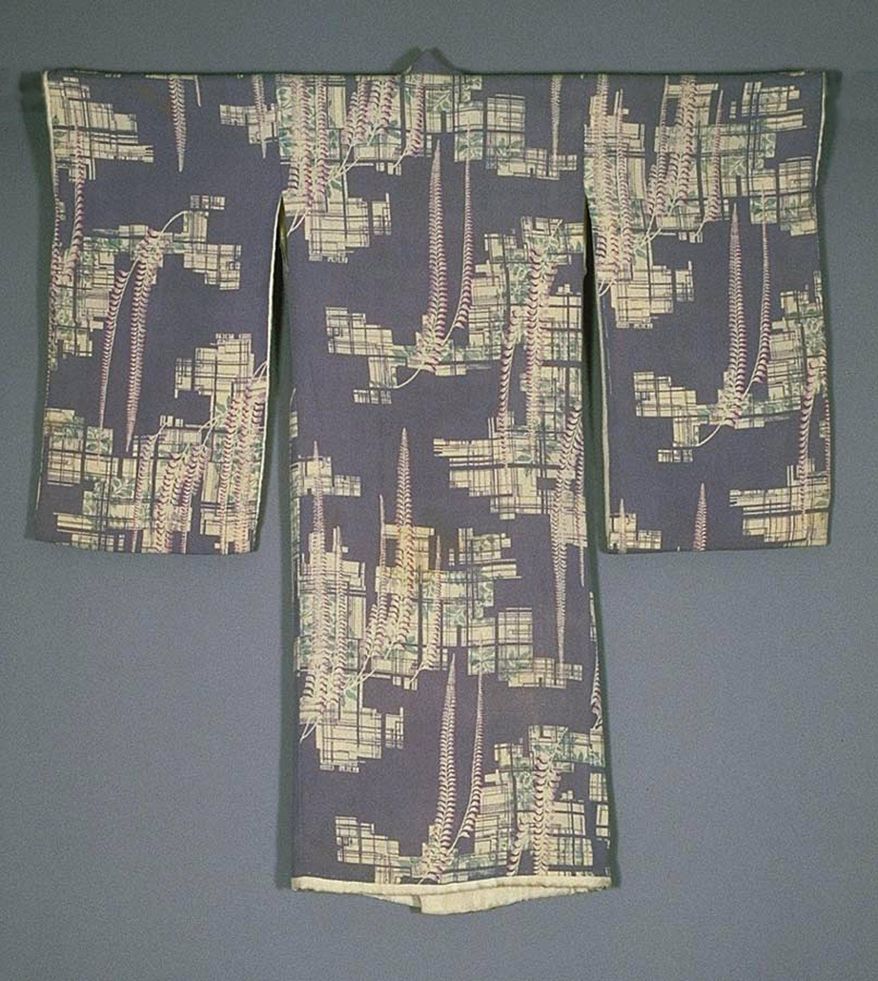 This photo provided by courtesy of The Metropolitan Museum of Art shows Child's Kimono with Wisteria and Trellis, Japan, Meiji period, early 20th century, made from stencil paste-resist dyed crepe silk (kabe chirimen). The kimono was owned by - and likely inspired works by - Frank Lloyd Wright. The kimono is included in the exhibition, "Kimono: A Modern History," on view at the Metropolitan Museum of Art through Jan. 19, 2015. (AP Photo/Courtesy The Metropolitan Museum of Art)