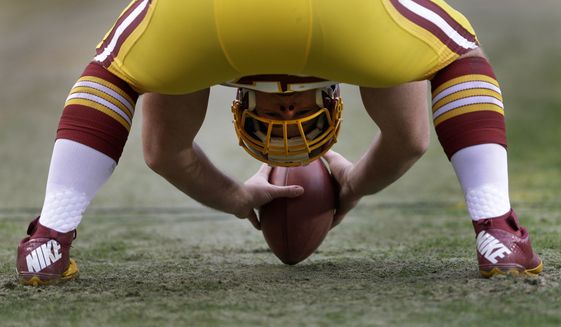 Washington Redskins long snapper Nick Sundberg prepares to snap the ball during the second half of an NFL football game against the Baltimore Ravens in Landover, Md., Sunday, Dec. 9, 2012. (AP Photo/Patrick Semansky)