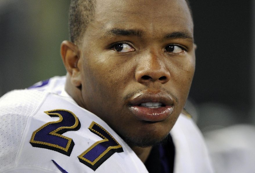 FILE - In this Aug. 7, 2014, file photo, Baltimore Ravens running back Ray Rice sits on the sideline in the first half of an NFL preseason football game against the San Francisco 49ers in Baltimore. Two people familiar with the situation say a hearing on Ray Rice's appeal of his indefinite suspension will be held Nov. 5 and 6. The people spoke with The Associated Press on condition of anonymity Tuesday, Oct. 21, 2014,  because details of the hearing have not been made public.(AP Photo/Nick Wass, File)