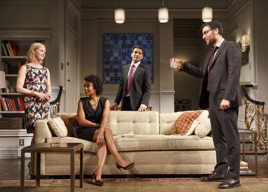 In this image released by Boneau/Bryan-Brown, Gretchen Mol, from left, Karen Pittman, Hari Dhillon and Josh Radnor appear in a scene from "Disgraced." (AP Photo/Boneau/Bryan-Brown, Joan Marcus)