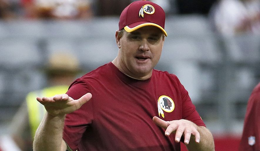 In this Oct. 12, 2014, file photo, Washington Redskins head coach Jay Gruden watches his team warm up prior to an NFL football game against the Arizona Cardinals in Glendale, Ariz. (AP Photo/Matt York, File)
