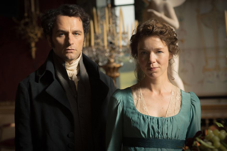 This photo provided by PBS/Masterpiece shows Matthew Rhys, left, as Darcy and Anna Maxwell Martin as Elizabeth Darcy, in "Death Comes to Pemberley." The television show airing Oct. 26, 2014 and Nov. 2 on PBS, is adapted from P.D. James’ 2011 mystery novel that revisits characters from Jane Austen’s “Pride and Prejudice.” (AP Photo/PBS/Masterpiece, Robert Viglasky/Origin Pictures)