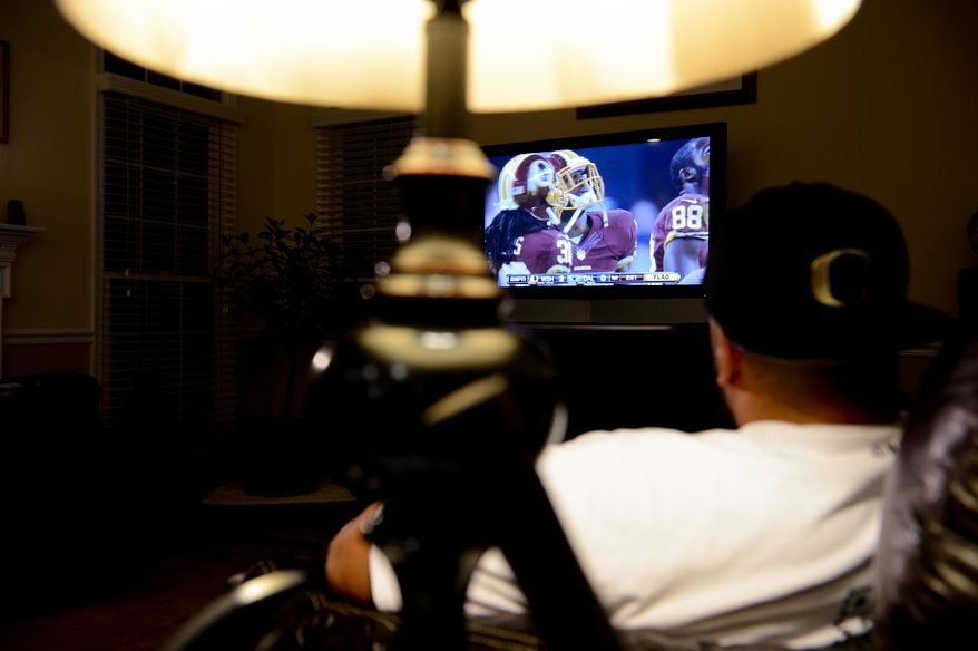 Washington Redskins practice squad offensive lineman Tevita Stevens sits at home as the Washington Redskins play monday night football against the Dallas Cowboys in Texas, Sterling, Va., Monday, October 27, 2014. (Andrew Harnik/The Washington Times)