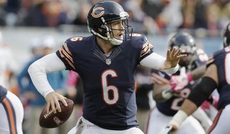 Chicago Bears quarterback Jay Cutler (6) throws a pass against the Miami Dolphins during the second half of an NFL football game Sunday, Oct. 19, 2014 in Chicago. (AP Photo/Nam Y. Huh)