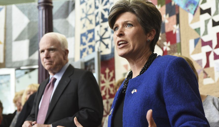 U.S. Sen. John McCain, left, and Iowa Republican senatorial candidate Joni Ernst speak to a packed cafe about  veterans and voter turn out during a campaign stop, Wednesday Oct. 29, 2014, in West Burlington, Iowa. (AP Photo/The Hawk Eye, Michael Noble Jr.)