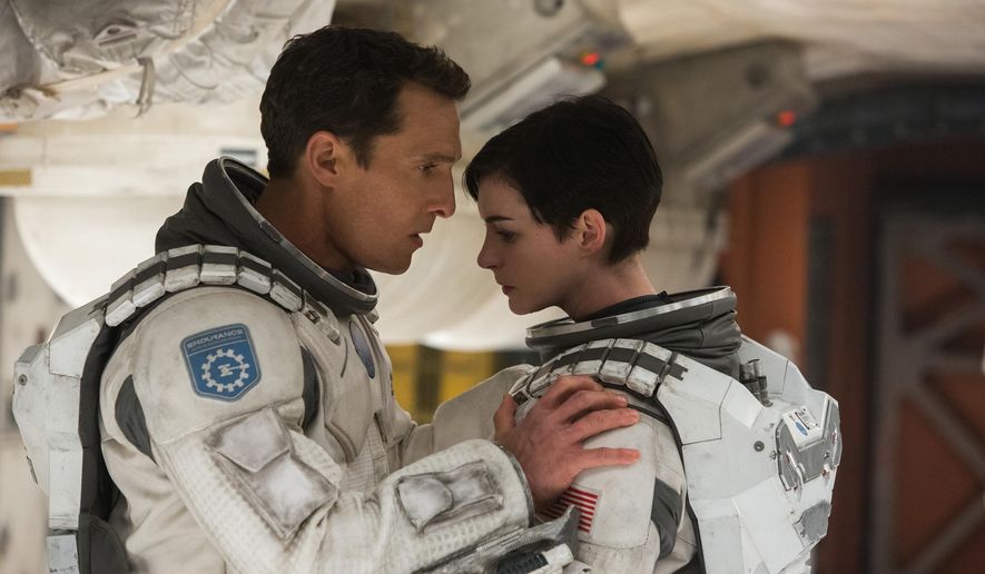 This photo released by Paramount Pictures shows, Matthew McConaughey, left, and Anne Hathaway, in a scene from the film, '"Interstellar," from Paramount Pictures and Warner Brothers Pictures, in association with Legendary Pictures. (AP Photo/Paramount Pictures, Melinda Sue Gordon)