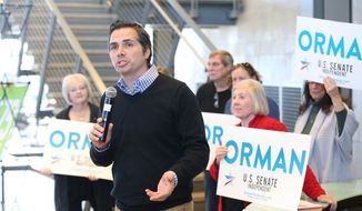 Greg Orman, the Independent candidate for U.S. Senate, speaks during a campaign stop at the National Center for Aviation Training, Thursday, Oct. 30, 2014, in Wichita, Kan. Orman is running against incumbent Republican Sen. Pat Roberts. (AP Photo/The Wichita Eagle, Bo Rader)