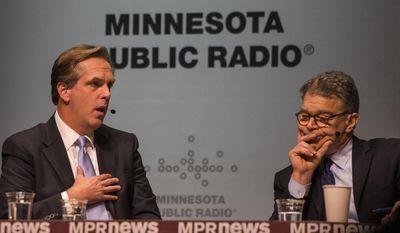 Mike McFadden, left,  and incumbent  Sen. Al Franken, D-Minn.,  meet at the Fitzgerald Theater in St. Paul, Minn. on Sunday, Nov. 2, 2014, in their final debate before the election for the U.S. Senate seat.   (AP Photo/Minnesota Public Radio, Bridget Bennett)