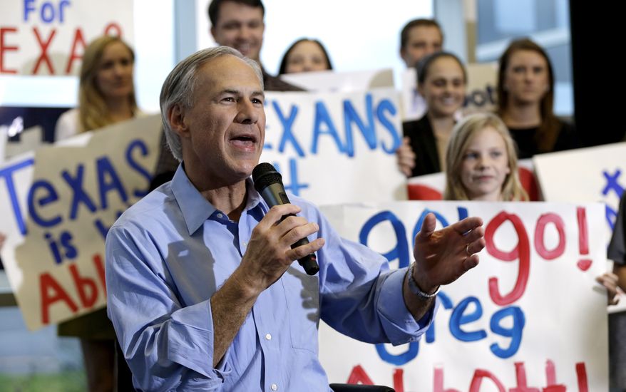 Texas Attorney General and Republican candidate for governor Greg Abbott speaks during a campaign stop in this Monday, Nov. 3, 2014, file photo, in Austin, Texas. (AP Photo/David J. Phillip) ** FILE **