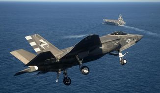 This Monday, Nov. 3, 2014, photo provided by the U.S. Navy shows an F-35C Joint Strike Fighter conducts an approach on the aircraft carrier USS Nimitz, 40 miles off San Diego, Calif. The Navy has completed the first two landings of F-35C Joint Strike Fighters, a milestone for the new plane. (AP Photo/U.S. Navy, Andy Wolfe)