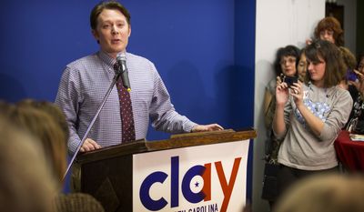 Clay Aiken, Democratic candidate for U.S. representative of North Carolina&#39;s 2nd Congressional District, gives his concession speech in Sanford, N.C. on Tuesday, Nov. 4, 2014 after losing to Republican incumbent Renee Ellmers. (AP Photo/The Fayetteville Observer, Abbi O&#39;Leary)
