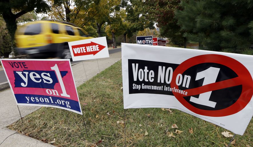 Signs outside a polling place support different opinions on an amendment to the Tennessee Constitution on Tuesday, Nov. 4, 2014, in Nashville, Tenn. The amendment would expand the power of legislators to pass more abortion regulations. (AP Photo/Mark Humphrey)