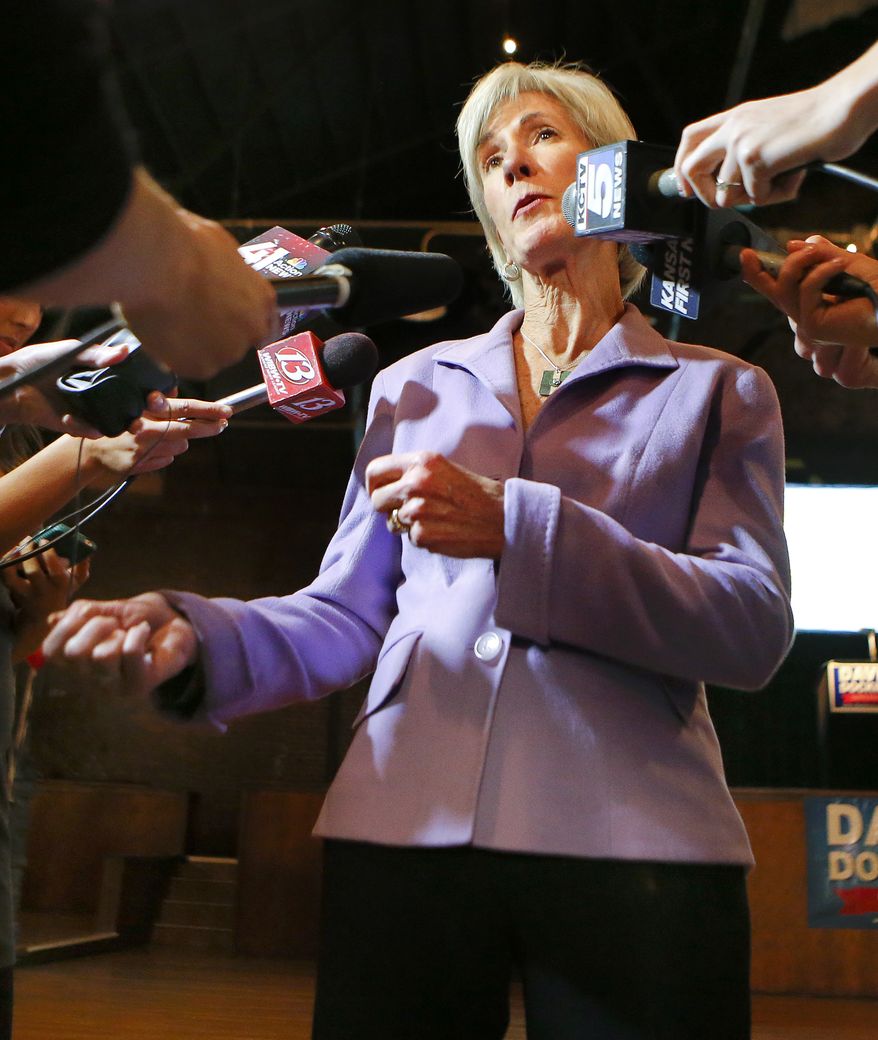 Former governor of Kansas Kathleen Sebelius addresses the media on Tuesday Nov. 4, 2014, during an election watch party for Democratic candidate Paul Davis in Lawrence, Kan. (AP Photo/The Topeka Capital Journal, Chris Neal)