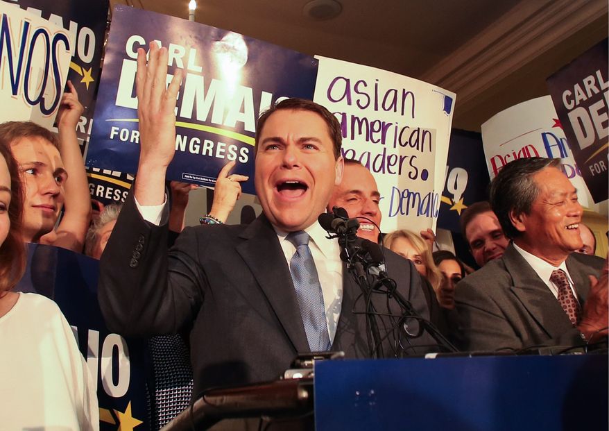 Carl DeMaio, Republican congressional candidate in the 52nd district, addresses his supporters during election night activities Tuesday, Nov. 4, 2014, in San Diego. (AP Photo/Lenny Ignelzi)