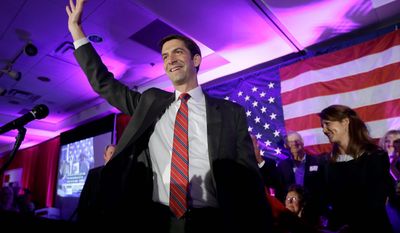 Rep. Tom Cotton, R-Ark. waves at his election watch party in North Little Rock, Ark., after defeating Sen. Mark Pryor, D-Ark., Tuesday, Nov. 4, 2014. (AP Photo/Danny Johnston)