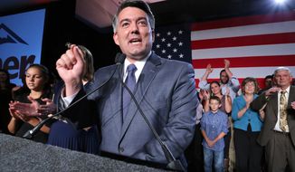 Sen.-elect Cory Gardner (R-Colo.) delivers his victory speech to supporters during the GOP election night gathering at the Hyatt Regency Denver Tech Center, in Denver on Election Day, Nov. 4, 2014. Gardner beat his Democratic opponent, incumbent Sen. Mark Udall. (Associated Press)