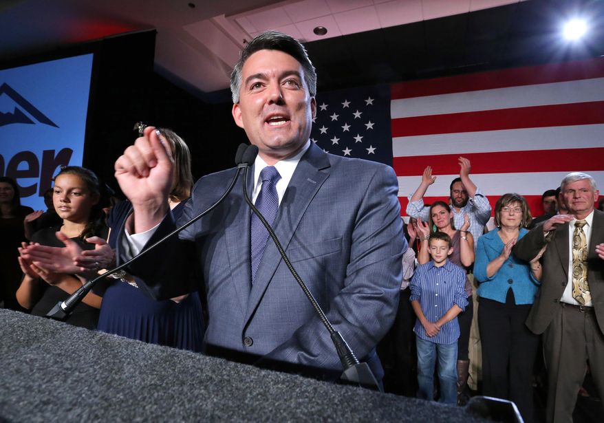 Sen.-elect Cory Gardner (R-Colo.) delivers his victory speech to supporters during the GOP election night gathering at the Hyatt Regency Denver Tech Center, in Denver on Election Day, Nov. 4, 2014. Gardner beat his Democratic opponent, incumbent Sen. Mark Udall. (Associated Press)
