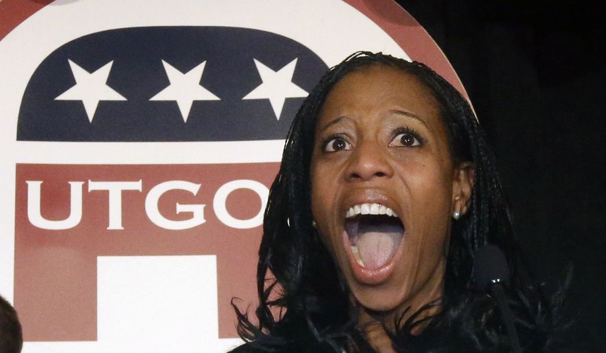 Republican Mia Love celebrates after winning the race for Utah&#39;s 4th Congressional District during a GOP election night watch party Tuesday, Nov. 4, 2014, in Salt Lake City. (AP Photo/Rick Bowmer)