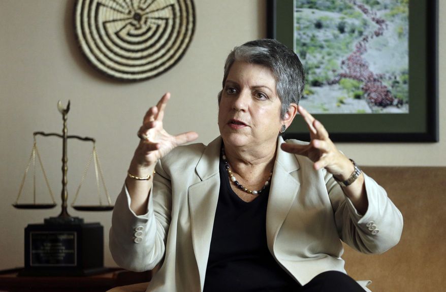FILE - In this Sept. 30, 2014, file photo, University of California President Janet Napolitano gestures while speaking during an interview in Oakland, Calif. Napolitano is recommending tuition increases in each of the next five years as a way to keep the public university system going and growing amid what she says is the state's failure to adequately invest in higher education. The university's governing board will vote on the proposal, set to be announced Thursday, at its Nov. 19 meeting. (AP Photo/Ben Margot, File)