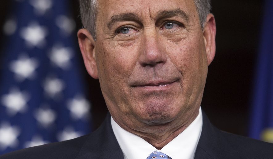 House Speaker John Boehner of Ohio listens during a news conference on Capitol Hill in Washington, Thursday, Nov. 6, 2014. Boehner said the Republican-controlled Congress will act to approve the Keystone XL pipeline, make changes in the health care law and encourage businesses to hire more veterans. (AP Photo/Cliff Owen)