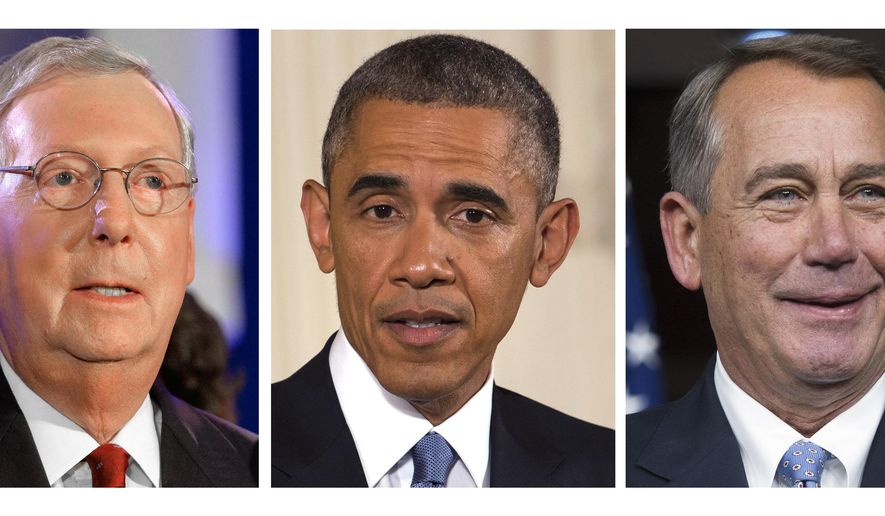 FILE- These 2014 file photos show, from left, Senate Minority Leader Mitch McConnell of Ky., President Barack Obama and House Speaker John Boehner of Ohio. They will be the top three players in political Washington for the next two years: President Barack Obama, incoming Senate Majority Leader Mitch McConnell and House Speaker John Boehner. (AP Photo, File)