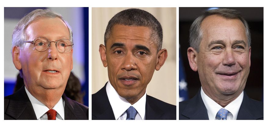 FILE- These 2014 file photos show, from left, Senate Minority Leader Mitch McConnell of Ky., President Barack Obama and House Speaker John Boehner of Ohio. They will be the top three players in political Washington for the next two years: President Barack Obama, incoming Senate Majority Leader Mitch McConnell and House Speaker John Boehner. (AP Photo, File)