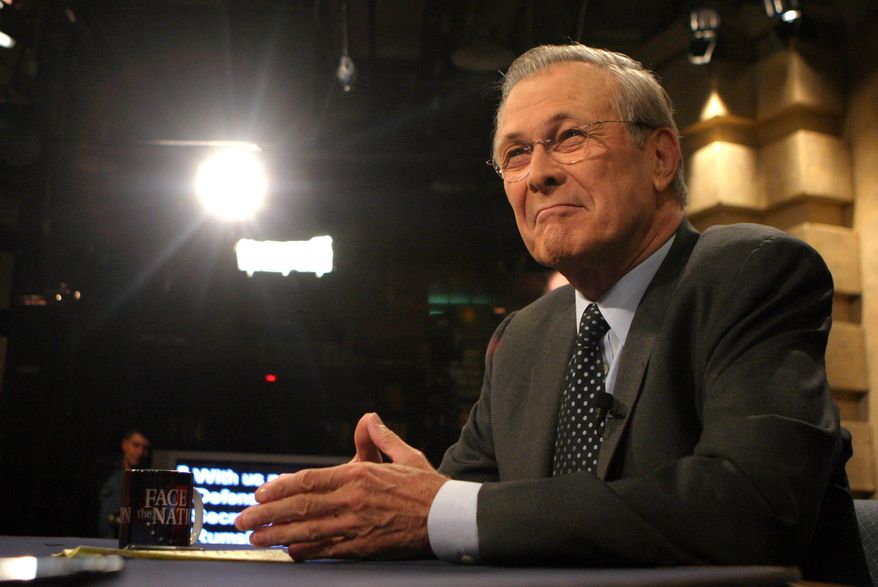 Defense Secretary Donald Rumsfeld appears on CBS&#x27;s &quot;Face the Nation&quot; in Washington. (AP Photo/CBS Face the Nation, Karin Cooper, File)