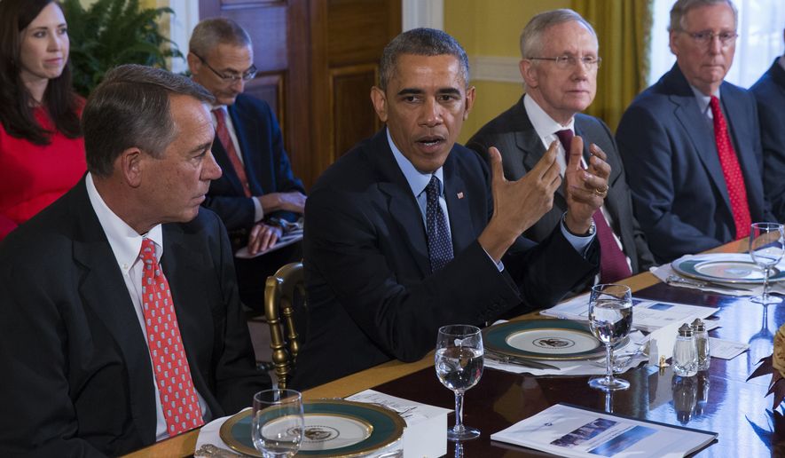 President Barack Obama meets with Congressional leaders in the Old Family Dining Room of the White House in Washington, Friday, Nov. 7, 2014. From left are, House Speaker John Boehner of Ohio, Obama, Senate Majority Leader Harry Reid of Nev., and Senate Minority Leader Mitch McConnell of Ky. (AP Photo/Evan Vucci) **FILE**