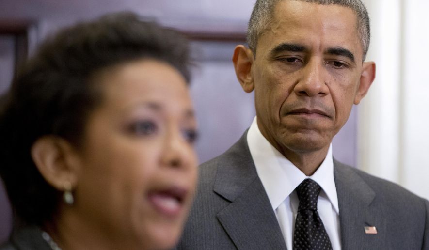 President Barack Obama listens as U.S. Attorney Loretta Lynch speaks, in the Roosevelt Room of the White House in Washington, Saturday, Nov. 8, 2014, where the president announced that he will nominate Lynch to replace Attorney General Eric Holder. (AP Photo/Carolyn Kaster)