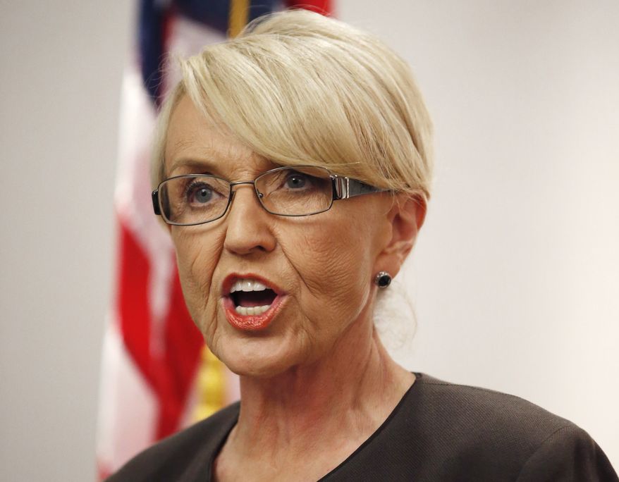 Arizona Republican Gov. Jan Brewer speaks at a news conference in Phoenix on Feb. 26, 2014. (Associated Press) **FILE**
