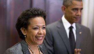 President Obama listens at right as U.S. Attorney Loretta Lynch speaks Nov. 8, 2014, in the Roosevelt Room of the White House in Washington, where the president announced he would nominate Lynch to replace Attorney General Eric Holder. (Associated Press) **FILE**