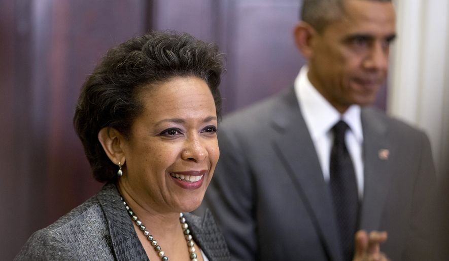 President Barack Obama listens at right as U.S. Attorney Loretta Lynch speaks in the Roosevelt Room of the White House on Saturday, Nov. 8, 2014, when the president announced he would nominate Ms. Lynch to replace Attorney General Eric H. Holder Jr. (AP Photo/Carolyn Kaster)