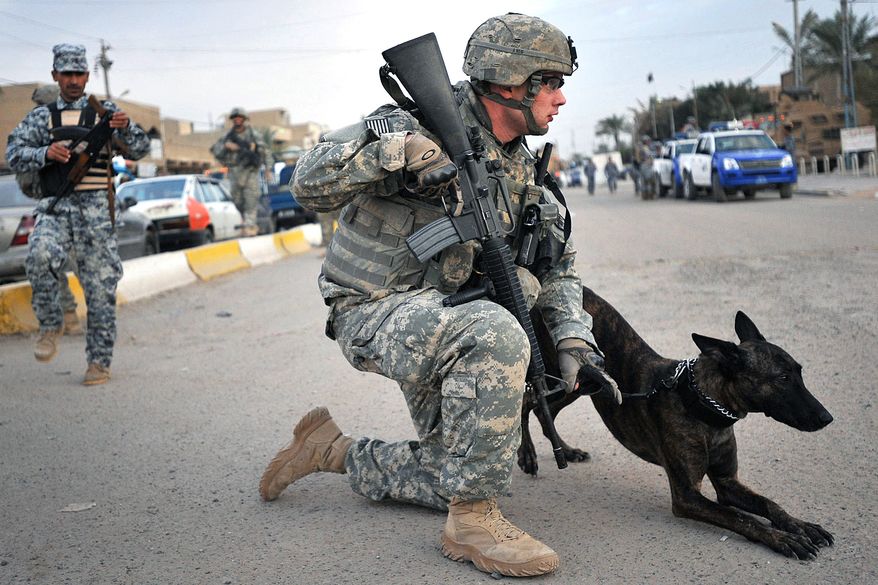 FORWARD OPERATING BASE FALCON, Iraq; Staff Sgt. Christopher Ogle, a native of Beaver Creek, Ohio, and military police dog handler, leads his assigned dog, "Liaka," a Dutch Shepherd, along streets in the Hadar community during a mission with Company C, 2nd Battalion, 4th Infantry Regiment, attached to the 1st Brigade Combat Team, 4th Infantry Division, Multi-National Division &;= Baghdad, and Iraqi National Police on a combined security patrol Nov. 29, in southern Baghdad's Rashid district.
(U.S. Navy photo by Petty Officer 2nd Class Todd Frantom, attached to the 1st BCT PAO, 4th Inf. Div., MND-B)