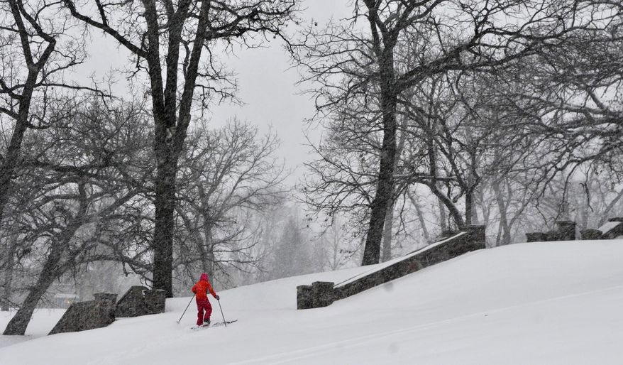 Wren Scott-Lumbar, 11, skis at Hester Park, Monday, Nov. 10, 2014, in St. Cloud, Minn., during the region’s first major snowfall of the season. The storm is threatening to bury several states in snow and drop thermometer readings in numerous states by as much as 40 degrees below average. (AP Photo/The St. Cloud Times, Ann Wessel) NO SALES