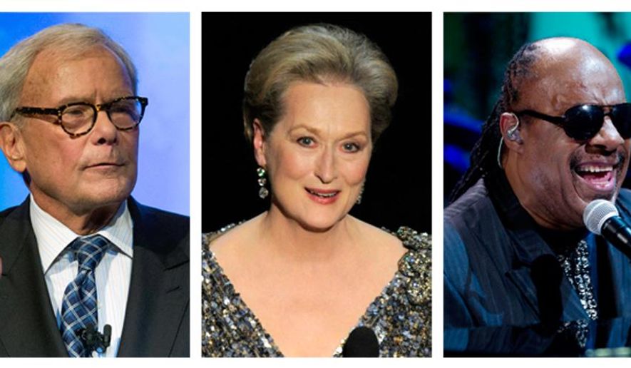 In this combination of Associated Press file photos, Tom Brokaw, left, speaks at the Pennsylvania Chamber of Business and Industry annual dinner Monday, Sept. 22, 2014, in Hershey, Pa., Meryl Streep, center, appears at the Oscars at the Dolby Theatre in Los Angeles, on a Feb. 24, 2013, and Stevie Wonder performs during the "In Performance at the White House" in the East Room of the White House in Washington on May 9, 2012. Meryl Streep, Stevie Wonder and Tom Brokaw are among the latest Americans tapped to receive the Presidential Medal of Freedom, President Barack Obama announced Tuesday, Nov. 11, 2014. (AP Photo/File)