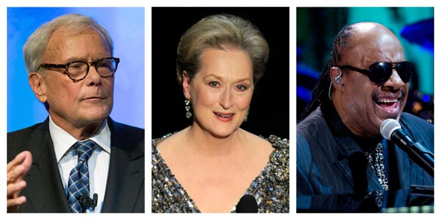 In this combination of Associated Press file photos, Tom Brokaw, left, speaks at the Pennsylvania Chamber of Business and Industry annual dinner Monday, Sept. 22, 2014, in Hershey, Pa., Meryl Streep, center, appears at the Oscars at the Dolby Theatre in Los Angeles, on a Feb. 24, 2013, and Stevie Wonder performs during the "In Performance at the White House" in the East Room of the White House in Washington on May 9, 2012. Meryl Streep, Stevie Wonder and Tom Brokaw are among the latest Americans tapped to receive the Presidential Medal of Freedom, President Barack Obama announced Tuesday, Nov. 11, 2014. (AP Photo/File)