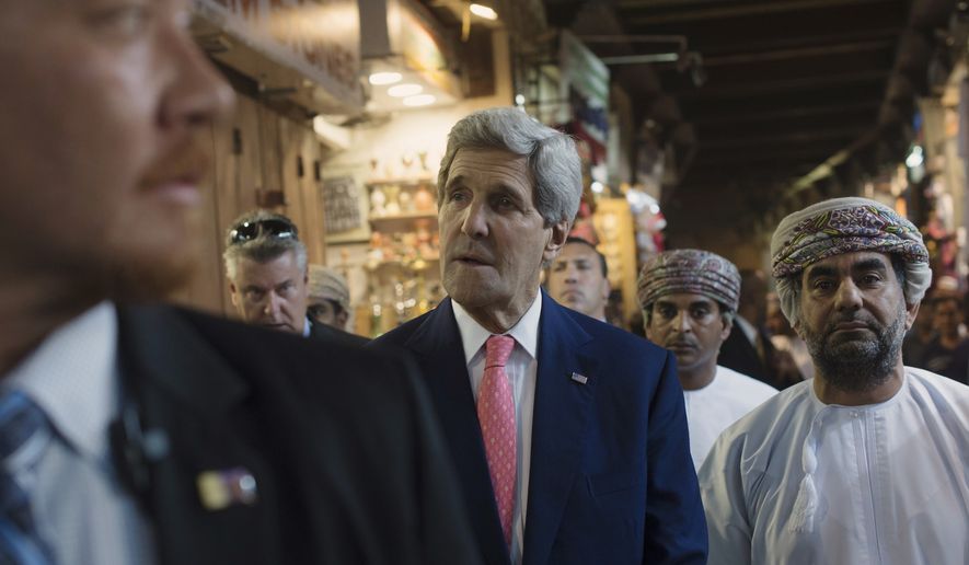U.S. Secretary of State John Kerry visits the Mattrah market, in Muscat, Oman, Monday, Nov. 10, 2014. In the final stretch of years of negotiations to limit Tehran's nuclear production, U.S. Secretary of State John Kerry met Monday for a second straight day with Iranian Foreign Minister Javad Zarif and European Union senior adviser Catherine Ashton in Oman's capital. The Obama administration is facing its last best chance to curb Iran's nuclear program — not just to meet an end-of-the-month deadline for a deal, but also to seal one before skeptical Republicans who will control Congress next year are able to scuttle it. (AP Photo/Nicholas Kamm, Pool)