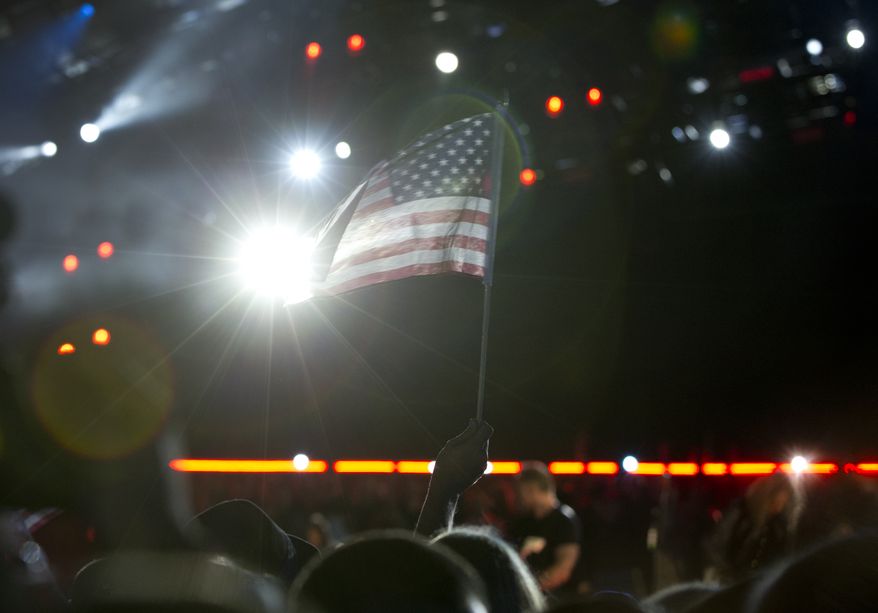 A member of the audience waves an American flag on the National Mall in Washington, Tuesday, Nov. 11, 2014, during the Concert for Valor. The Veterans Day event is hosted by HBO, Starbucks and Chase and is free and open to the public. (AP Photo/Carolyn Kaster)