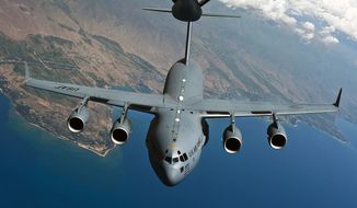 A U.S. Air Force C-17 Globemaster III cargo aircraft prepares to demonstrate aerial refueling capabilities during an aerial refueling demonstration over Kyrgyzstan, June 8, 2012. The C-17&#39;s primary mission is to transport personnel and cargo into and out of the area of responsibility. (U.S. Air Force photo by Senior Airman Brett Clashman) ** FILE **