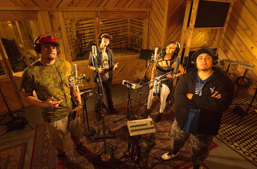 This image released by MTV World shows Native American musicians and activists, from left, Mike Cliff, Frank Waln, Inez Jasper, and Nataanii Means from MTV World’s documentary series "Rebel Music: Native America," debuting on MTV’s Facebook page on Thursday, Nov. 13 ahead of broadcast debuts on Viacom channels MTV2, mtvU, Centric and EPIX. (AP Photo/MTV World)