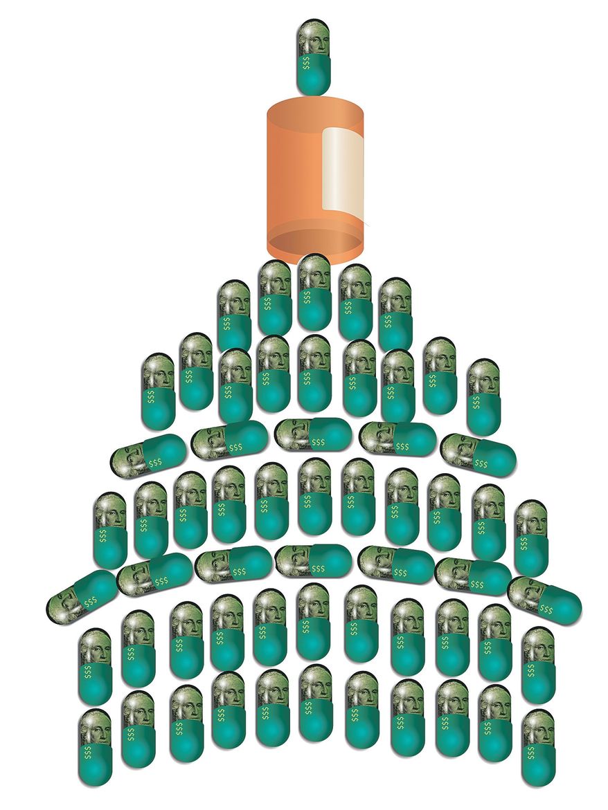 Illustration on government interference with Medicare prescription drug coverage by Linas Garsys/The Washington Times