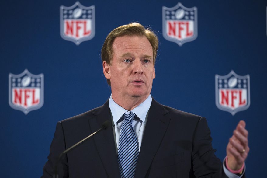 FILE - In this Oct. 8, 2014, file photo, NFL commissioner Roger Goodell speaks during a news conference following a meeting of NFL owners and executives in New York. The NFL players&#39; union wants to negotiate with the league in changing the personal conduct policy. In a memo sent to each NFLPA player representative and executive board member, and obtained by The Associated Press on Thursday, Nov. 13, 2014, the union cites the NFL&#39;s &amp;quot;mismanagement&amp;quot; of several incidents, including the Ray Rice and Adrian Peterson cases. (AP Photo/John Minchillo, File)