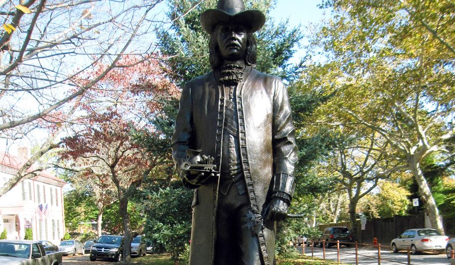 This Oct. 26, 2014 photo shows a statue of Englishman William Penn in Old New Castle, Delaware. (AP Photo/Beth J. Harpaz)