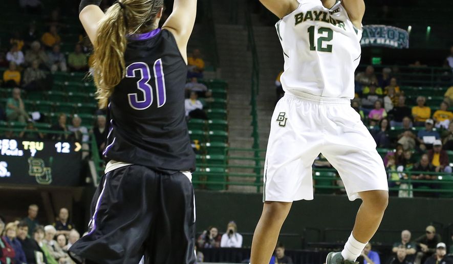 Baylor&#x27;s Alexis Prince (12) shoots over Tarleton State Karli Moore (31) in the first half of an NCAA college exhibition basketball game, Tuesday, Nov. 10, 2014, in Waco, Texas. (AP Photo/Waco Tribune Herald, Richard Hirst)