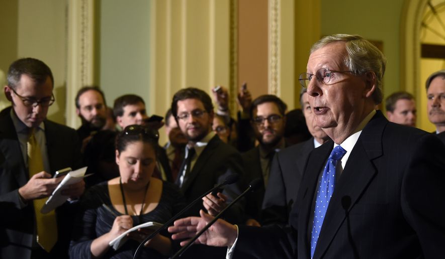 Senate Minority Leader Mitch McConnell of Ky., speaks to reporters on Capitol Hill in Washington, Thursday, Nov. 13, 2014, after Senate Republicans voted on leadership positions for the 114th Congress.. (AP Photo/Susan Walsh)