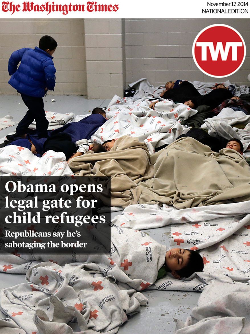 National Edition News cover for November 17, 2014 - Obama opens legal gate for child refugees: FILE - In this June 18, 2014, file photo, detainees sleep in a holding cell at a U.S. Customs and Border Protection processing facility in Brownsville,Texas. More than half of the nearly 60,000 Central America children who have arrived on the U.S.-Mexico border in the past year still don’t have lawyers to represent them in immigration court and many of those who do have volunteer attorneys scrambling to brush up on immigration law. Advocates are holding training sessions to help private sector attorneys learn how to work with traumatized, Spanish-speaking children, many of whom have come fleeing violence. (AP Photo/Eric Gay, Pool, File)