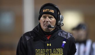 Maryland coach Randy Edsall watches during the first half of an NCAA college football game against Michigan State, Saturday, Nov. 15, 2014, in College Park, Md. (AP Photo/Nick Wass) **FILE**