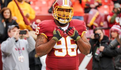 Washington Redskins nose tackle Barry Cofield (96), returning from injury, warms up before the Washington Redskins play the Tampa Bay Buccaneers in NFL football at FedExField, Landover, Md., Sunday, November 16, 2014. (Andrew Harnik/The Washington Times)
