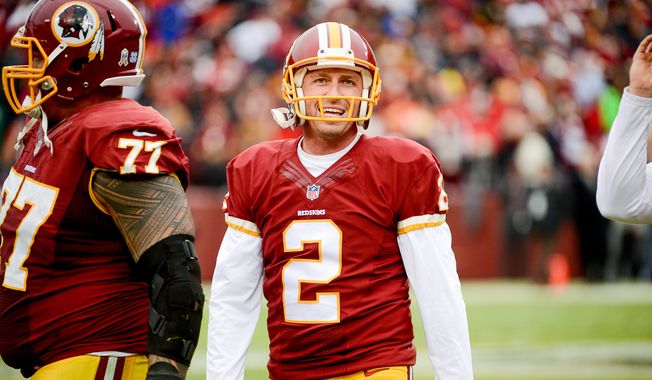 Washington Redskins kicker Kai Forbath (2) walks off the field after missing his second field goal as the Washington Redskins play the Tampa Bay Buccaneers in NFL football at FedExField, Landover, Md., Sunday, November 16, 2014. (Andrew Harnik/The Washington Times)